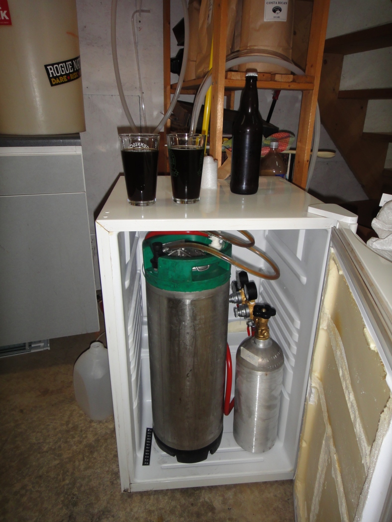 In this mini bar fridge, there is room for two kegs and the CO2 tank.  this whole contraption will be housed in our crawl space with tap lines running up through the kitchen wall.